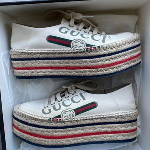 Gucci Canvas Logo Lace-Up Platform Espadrille Sneakers Greggio Grege Size 37
